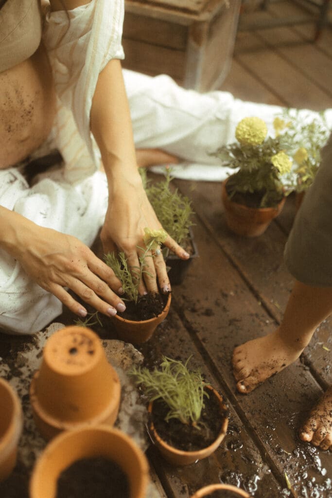 mom, son and daughter digging in a small wheelbarrow of potting soil and potting flowers into small clay pots. Shot inside a greenhouse built of old windows.